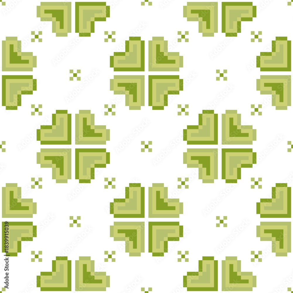 Obraz premium Clover leaves seamless pattern.Lucky magical plant. Background for St.Patrick's Day.Cute green shamrock four leaf. Irish Celtic folk.Pixel embroidery,ethnic,cross stitch style.Vector illustration.