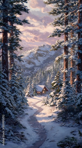 Snowy Forest Path With Cabin At Sunset