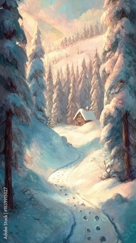 Snowy Mountain Path With Cabin In Winter Forest