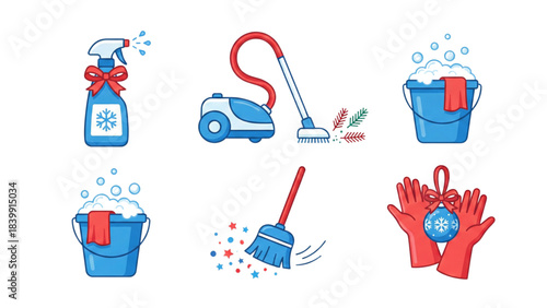 Christmas cleaning icons set. Holiday housekeeping vector illustration collection featuring vacuum, bucket, broom, spray bottle and gloves with festive winter elements.