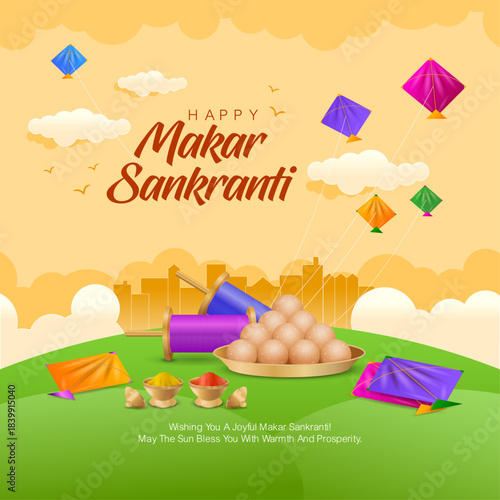 A bright and festive Makar Sankranti vector illustration featuring colorful kites flying in the sky, traditional laddus, manja spools, clouds, and a warm yellow background. Indian festival.