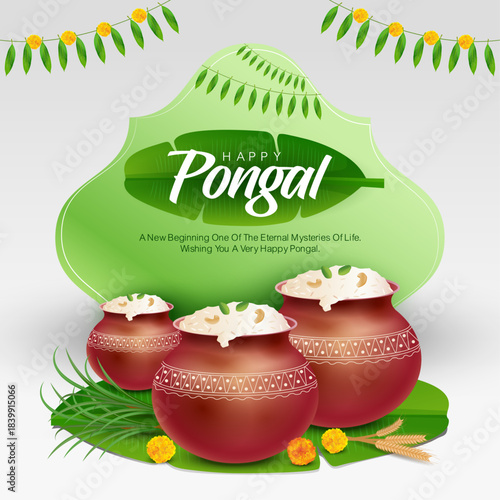 A beautifully crafted Pongal artwork featuring three festive clay pots, green leaves, sugarcane, marigold flowers and harvest elements. Ideal for festive ads, digital greetings, posters.
