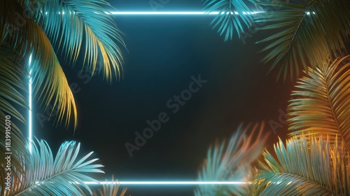 Neon frame with palm leaves design