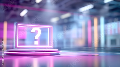 Neon question mark on transparent stage
