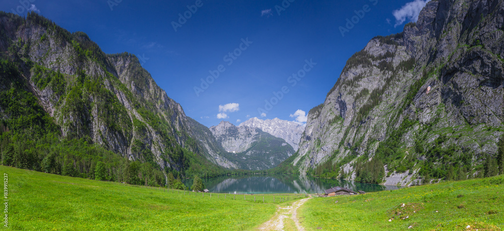 Fototapeta premium Mountain valley with tracks near Obersee lake in Berchtesgaden National Park