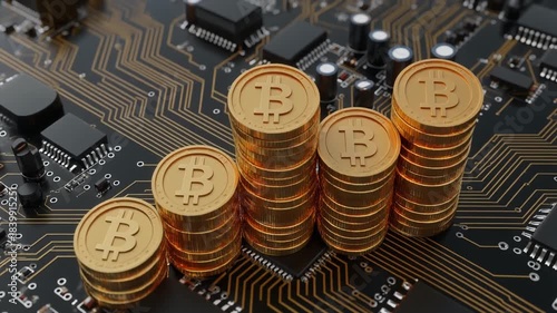 Golden Bitcoin coins stacked in increasing piles on a dark electronic circuit board representing cryptocurrency growth digital finance and blockchain technology