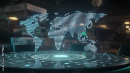Holographic world map projected on a sleek futuristic conference table with glowing elements in a modern hightech office representing global data communication and innovation