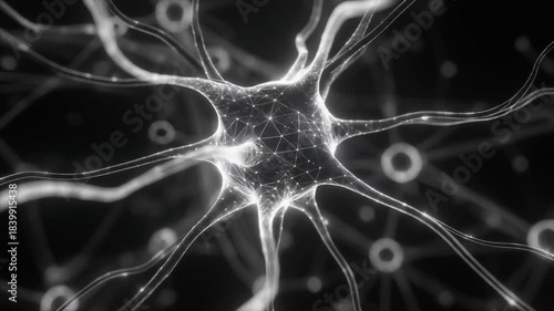 Abstract glowing neural network connections on a dark background symbolizing artificial intelligence data processing and complex scientific concepts like brain activity and technology