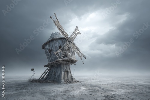 Desolate Windmill In A Gray Landscape