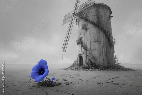 Monochrome Desert Landscape With Vintage Windmill And Blue Flower