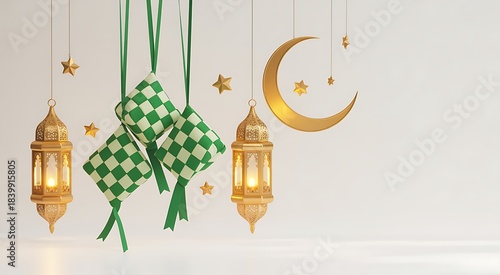 Golden Ramadan lanterns green ketupat and crescent moon decorations Islamic celebration