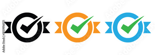 check mark icons in oval frames with ribbons-vector illustration