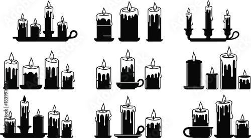 Collection of black silhouette candles in various shapes and sizes