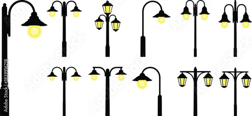 Collection of vintage street lamps and lighting fixtures illustration