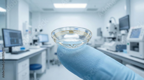 Smart contact lens featuring integrated microchip circuitry, being held by a scientist wearing a surgical glove, focused concept for ophthalmic technology and future vision.
