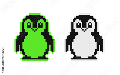 Pixel Art Penguin Icon: Retro 8-bit Style Digital Linux Mascot with Neon Green and Black and White Color Variants