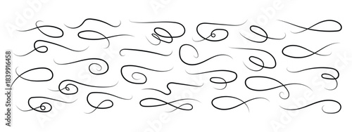 Elegant black hand drawn pencil curly lines, squiggles and decorative doodle swooshes. classic typographic layout symbol. vector illustration.