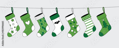 Green Christmas Stockings Hanging on a Line with Decorative Patterns and Festive Designs in a Clean Minimal Style – Vector Holiday Illustration for Seasonal Projects