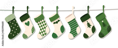 Green Christmas Stockings Hanging on a Line with Decorative Patterns and Festive Designs in a Clean Minimal Style – Vector Holiday Illustration for Seasonal Projects