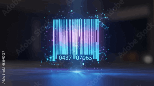 Glowing Blue and Purple Barcode with Numbers on Dark Background, Futuristic Technology Concept