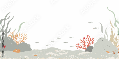 An underwater scene with coral rocks seaweed and small fish swimming