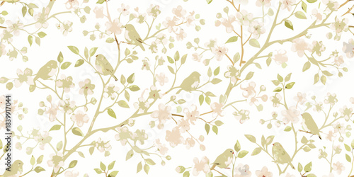 Delicate floral pattern with small green birds among blossoming branches