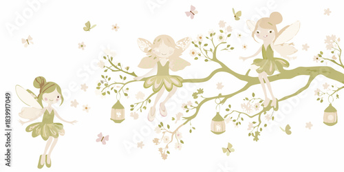 Charming illustration of three delicate fairies resting amongst blossoming branches
