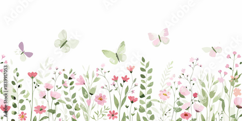Watercolor butterflies and wildflowers create a delicate spring floral arrangement