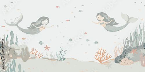 Two whimsical mermaids swim playfully amidst coral and aquatic plants