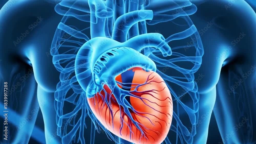 Realistic human heart beating animation. 3D medical render showing ...