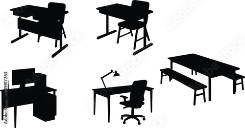 Silhouettes of Desk and Table Setups with Chairs, Monitors, Lamps, and Benches for Office, Home, and Educational Design Projects