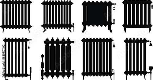Silhouettes of Eight Radiator Designs with Varied Shapes, Columns, and Fixtures for Heating System and Architectural Reference Projects