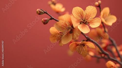 Orange blossom branch on red backdrop