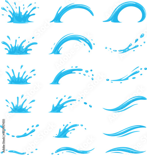 Collection of blue water splashes and waves in cartoon style liquid