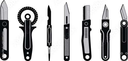Silhouettes of Seven Cutting Tools Including Utility Knives, Box Cutters, and Precision Blades for Craft, Medical, and Industrial Projects