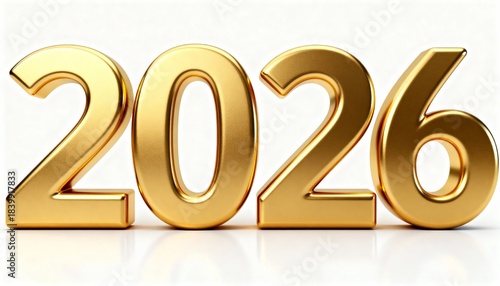 Luxury Golden 3D 2026 Numbers Shiny Gold Text on White Background