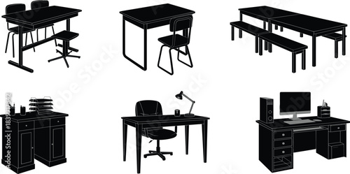 Silhouettes of Six Desk and Table Setups with Chairs, Accessories, and Workspace Elements for Office, Home, and Educational Projects