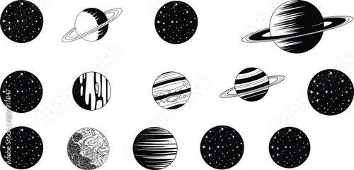 Silhouettes of Sixteen Celestial Objects Including Planets, Stars, and Galaxies for Astronomy, Space, and Science Design Projects