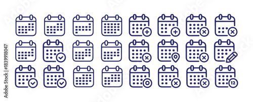 Set of calendar icons with various symbols like checkmark, plus, minus, and location pin