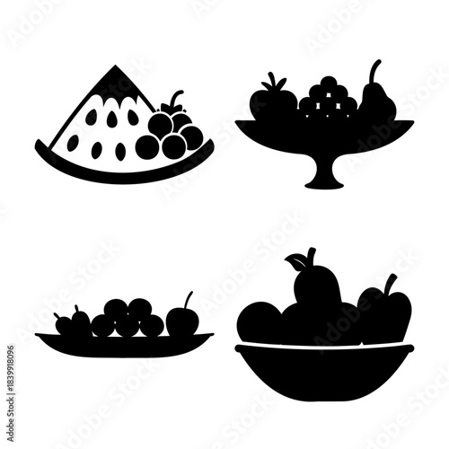 Variety of fruit silhouettes in bowls and on plates icons
