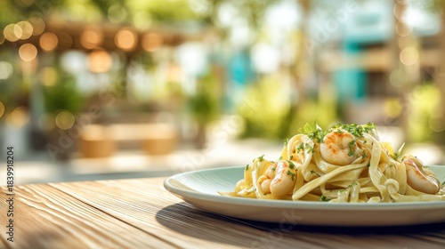 Pasta dish on plate with shrimp