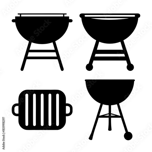 Collection of barbecue grill and grate silhouettes on white