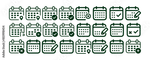 Calendar icons with checkmarks, crosses, location pins, and edit symbols in green color