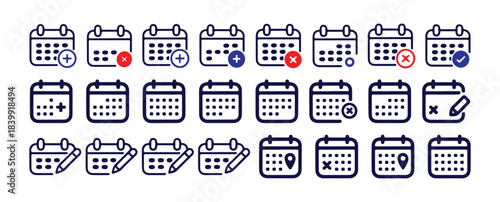 Set of calendar icons with symbols for adding, removing, editing, and checking events