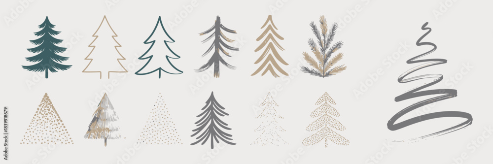 Fototapeta premium Hand-Drawn Christmas Tree Collection Featuring Various Minimal Line Art and Sketch Styles in Neutral Tones – Vector Illustration Set for Holiday and Seasonal Design Projects