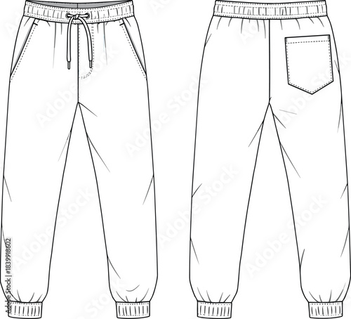 cad drawing flat vector illustration, jogger pants front back view, fashion technical sketch, garment design template, apparel blueprint, clothing mockup