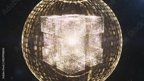 Abstract Digital Sphere with Glowing Core and Interconnected Particles.