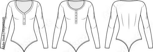 Long sleeve bodysuit fashion flat sketch with front button placket, round and V-neckline design, ideal for apparel designers and manufacturers