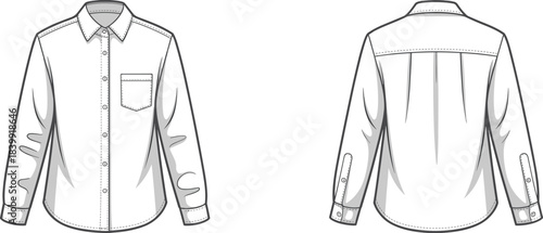 Long sleeve shirt template, formal button up shirt design, classic dress shirt mockup, front and back view, vector illustration