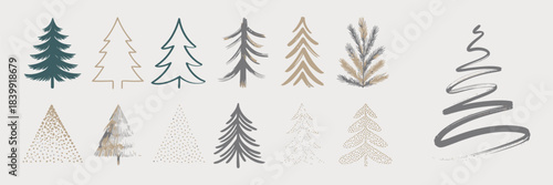 Hand-Drawn Christmas Tree Collection Featuring Various Minimal Line Art and Sketch Styles in Neutral Tones – Vector Illustration Set for Holiday and Seasonal Design Projects